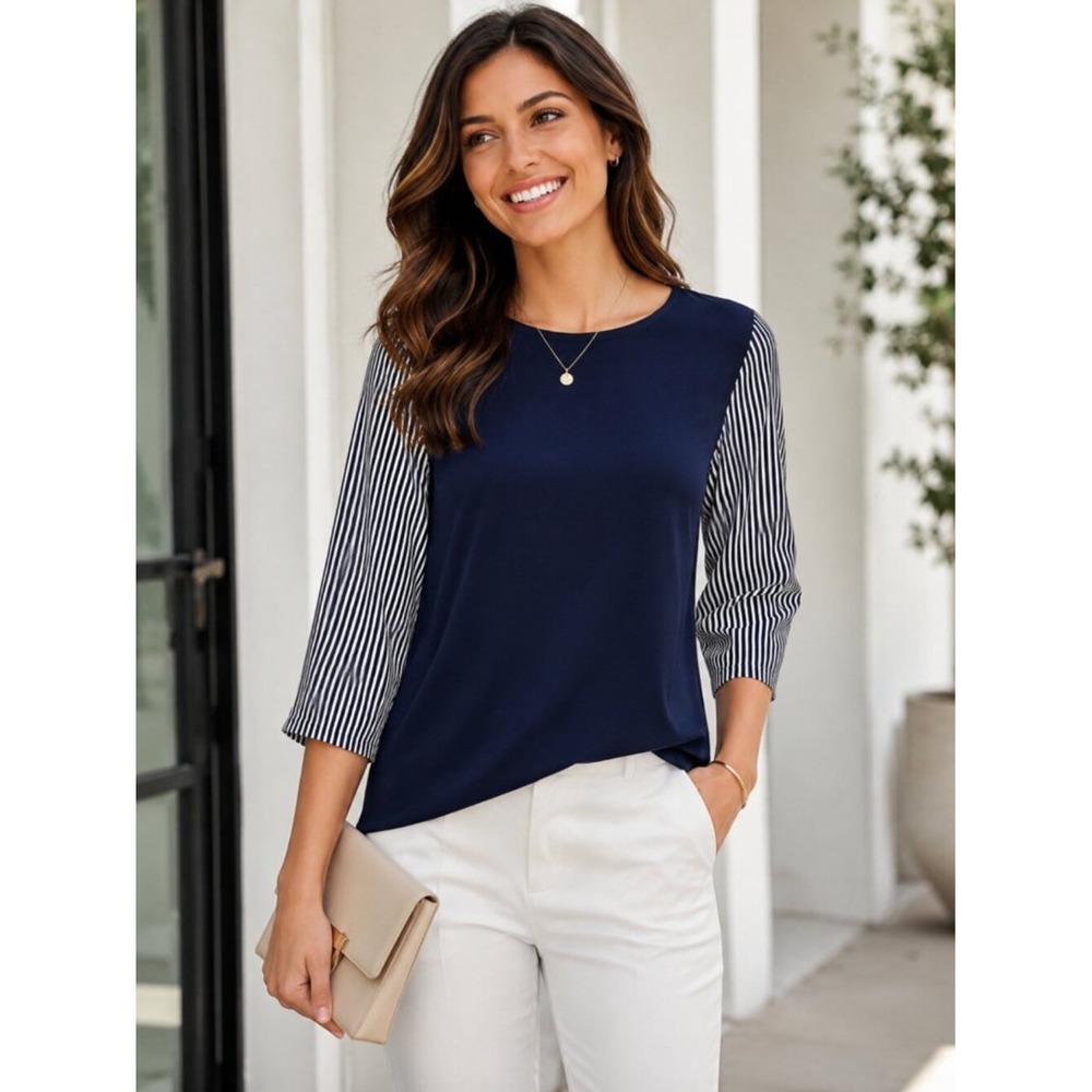 DVF Diane Von Furstenberg Silk Navy Blue White Colorblock Stripe Blouse Top 8